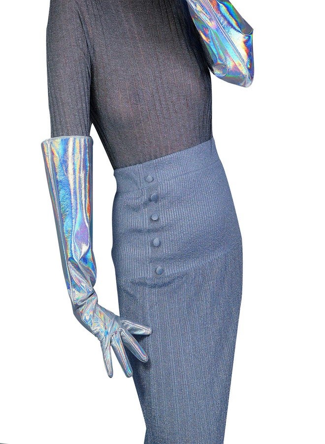 DooWay Long Leather Gloves for Women Faux Patent PU 20 inches Wide Sleeve Gauntlet Hologram Silver - Image 2